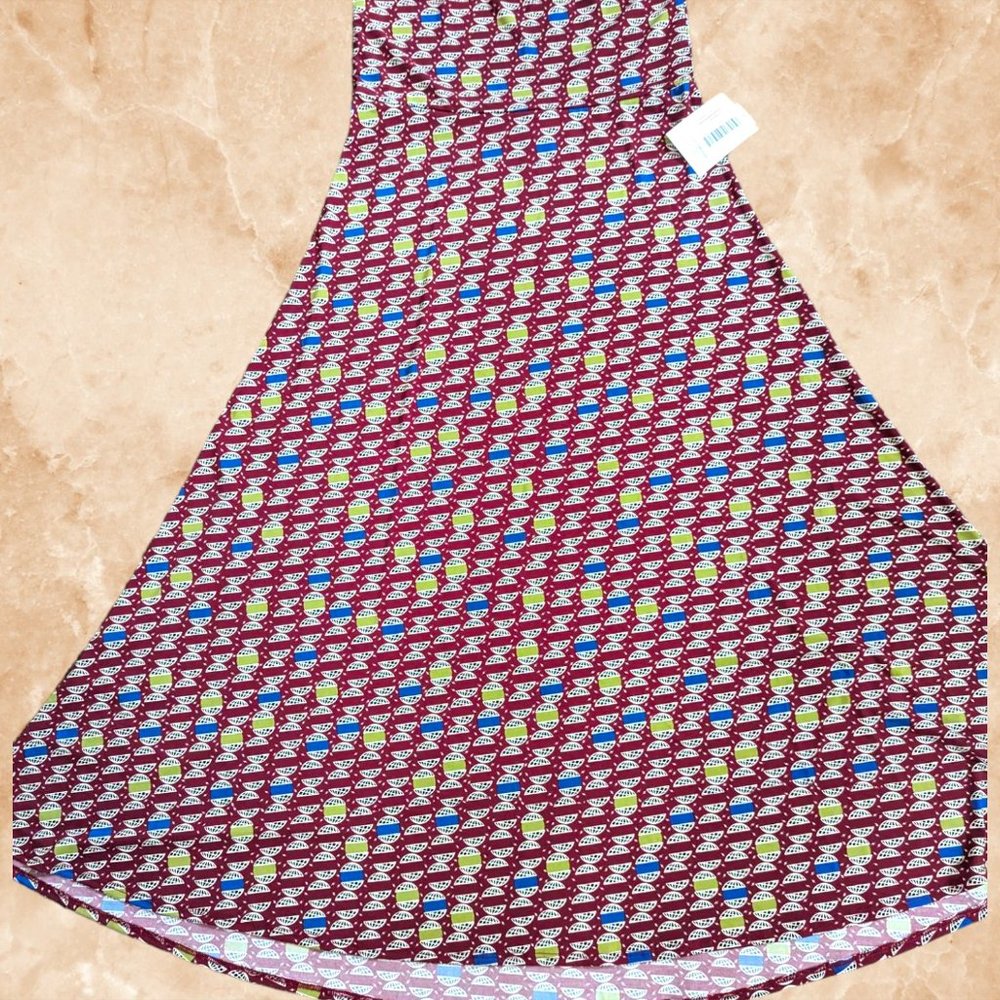 LLR Maxi Skirt Medium Burgundy Atlas Globe Print NWT